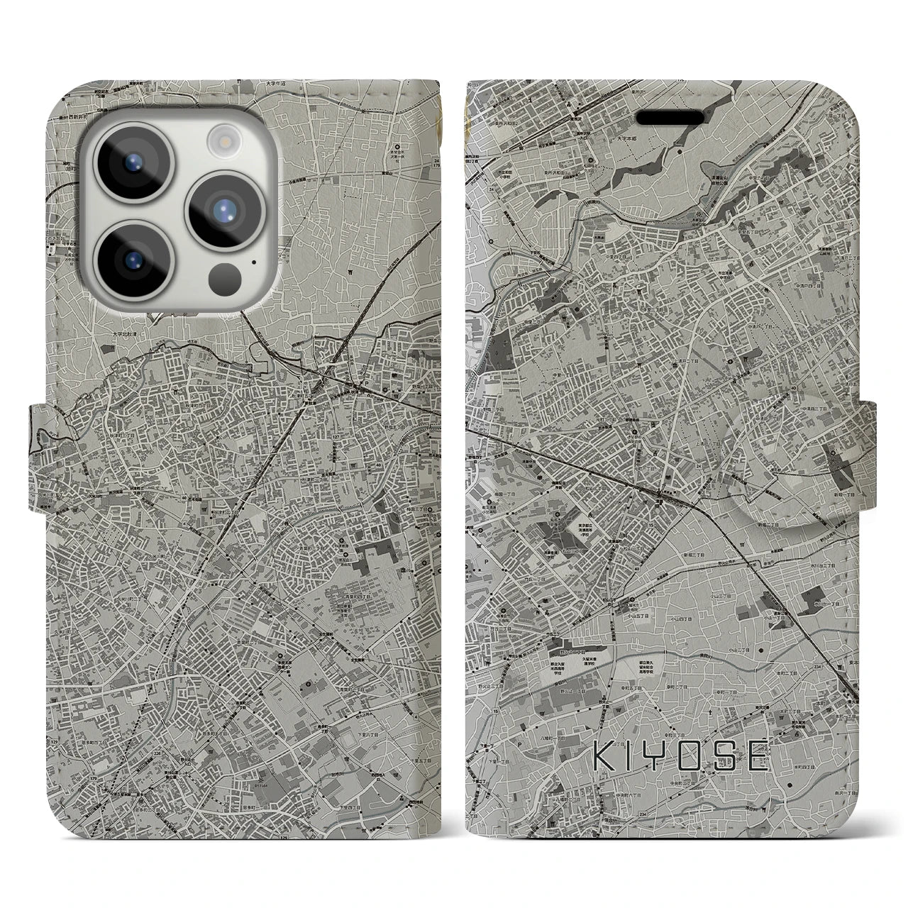 【清瀬(東京都)】地図柄iPhoneケース(手帳タイプ)モノトーン・iPhone 15 Pro 用