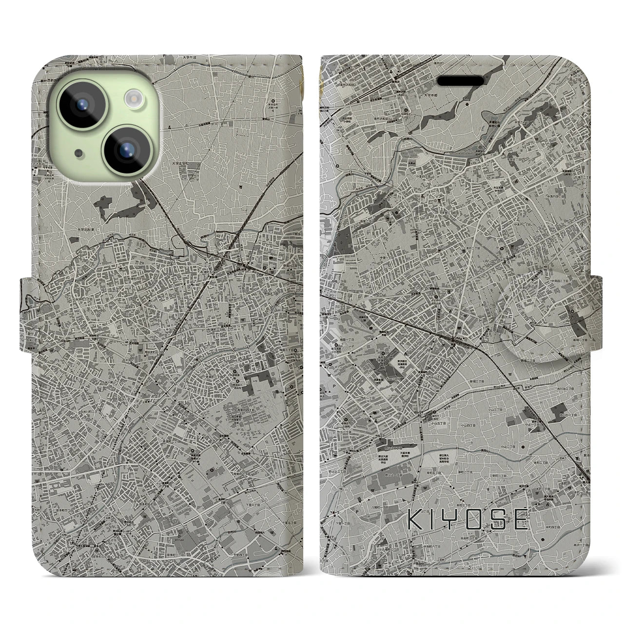 【清瀬(東京都)】地図柄iPhoneケース(手帳タイプ)モノトーン・iPhone 15 用
