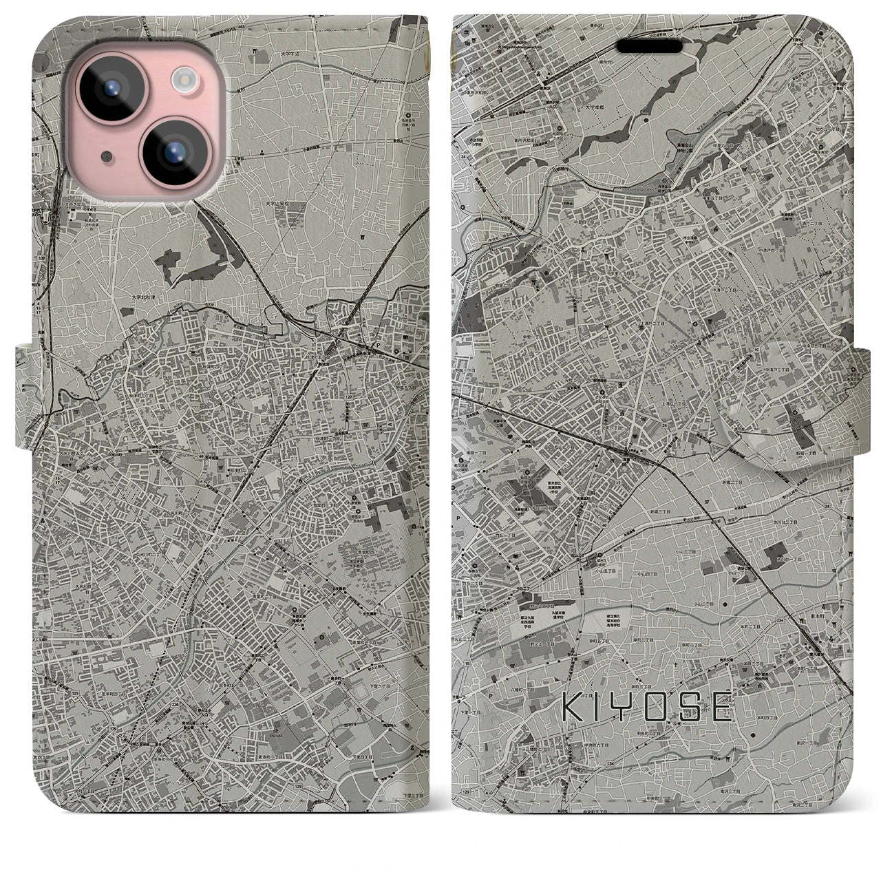 【清瀬(東京都)】地図柄iPhoneケース(手帳タイプ)モノトーン・iPhone 15 Plus 用