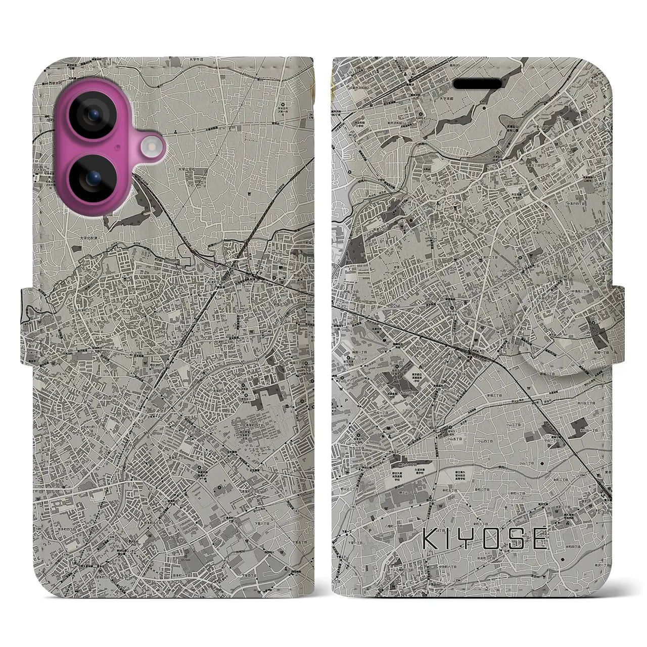 【清瀬(東京都)】地図柄iPhoneケース(手帳タイプ)モノトーン・iPhone 16 Pro 用