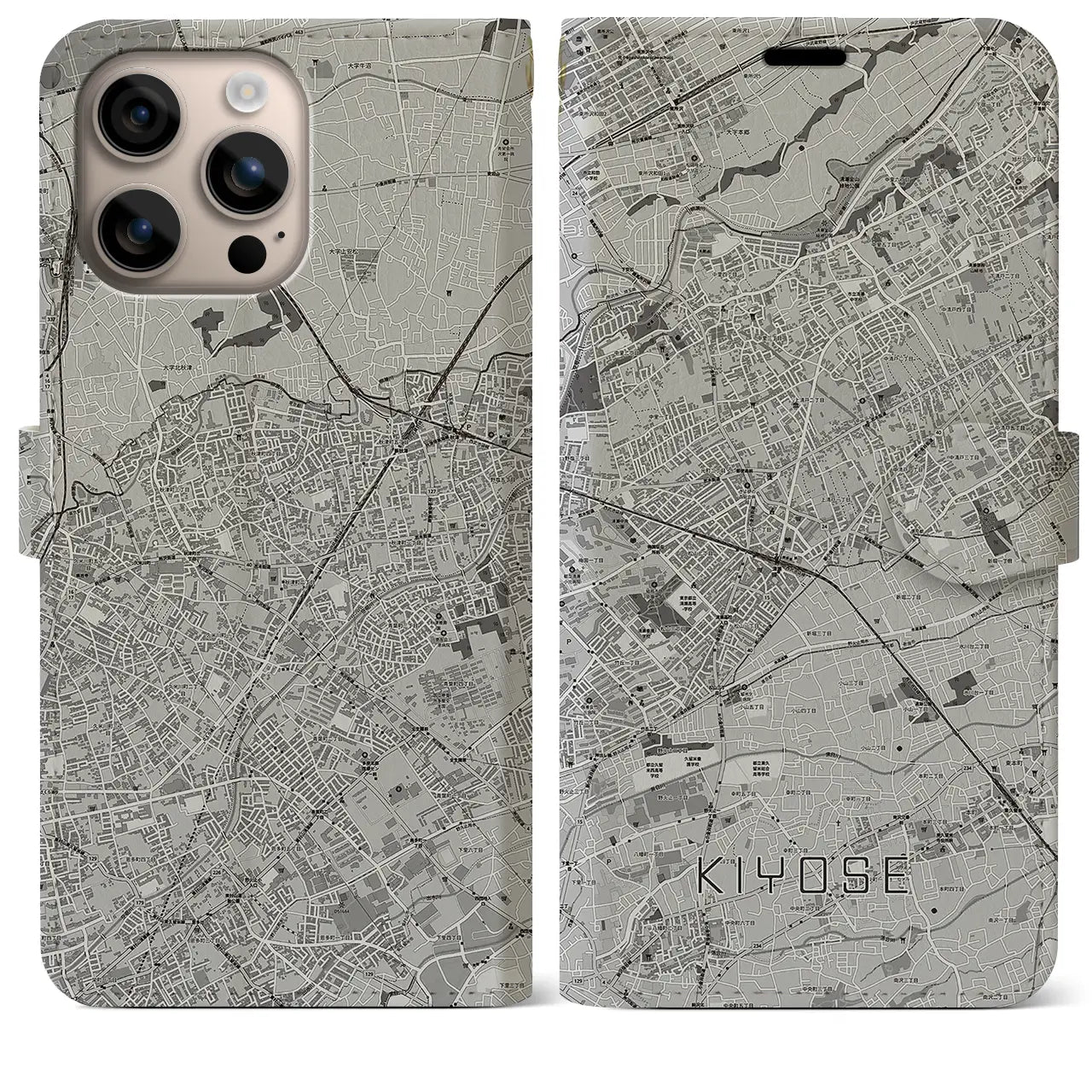 【清瀬(東京都)】地図柄iPhoneケース(手帳タイプ)モノトーン・iPhone 16 Plus 用