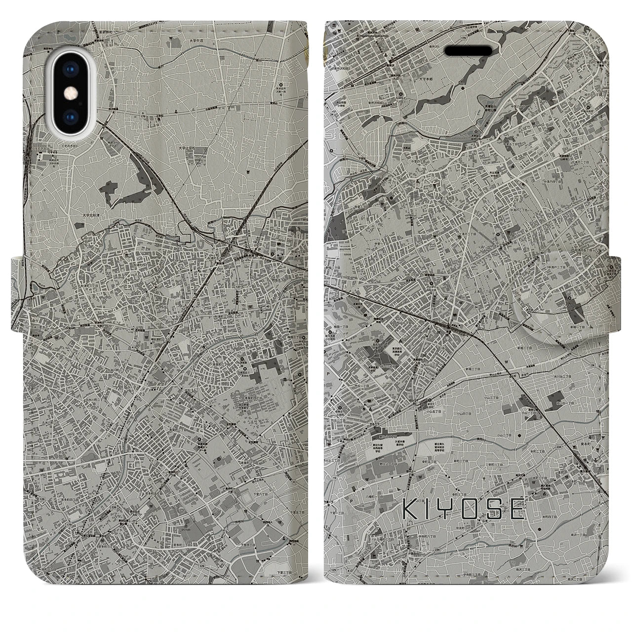 【清瀬(東京都)】地図柄iPhoneケース(手帳タイプ)モノトーン・iPhone XS Max 用