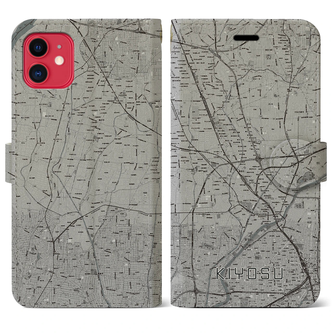 【清須(愛知県)】地図柄iPhoneケース(手帳タイプ)モノトーン・iPhone 11 用