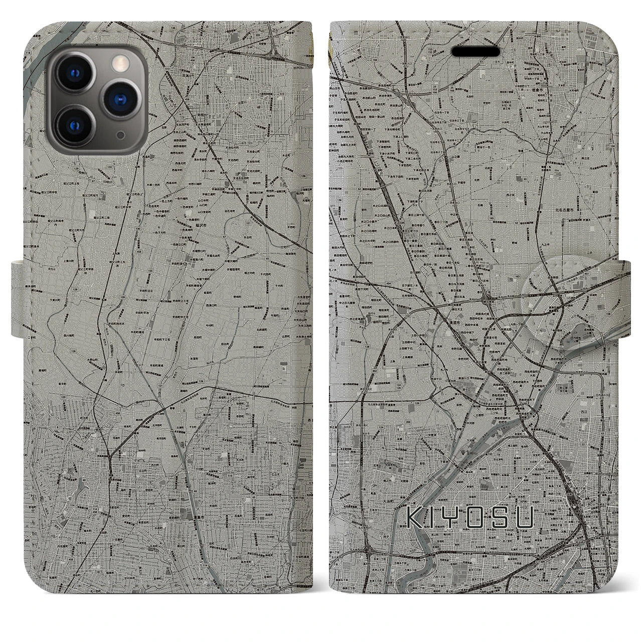 【清須(愛知県)】地図柄iPhoneケース(手帳タイプ)モノトーン・iPhone 11 Pro Max 用