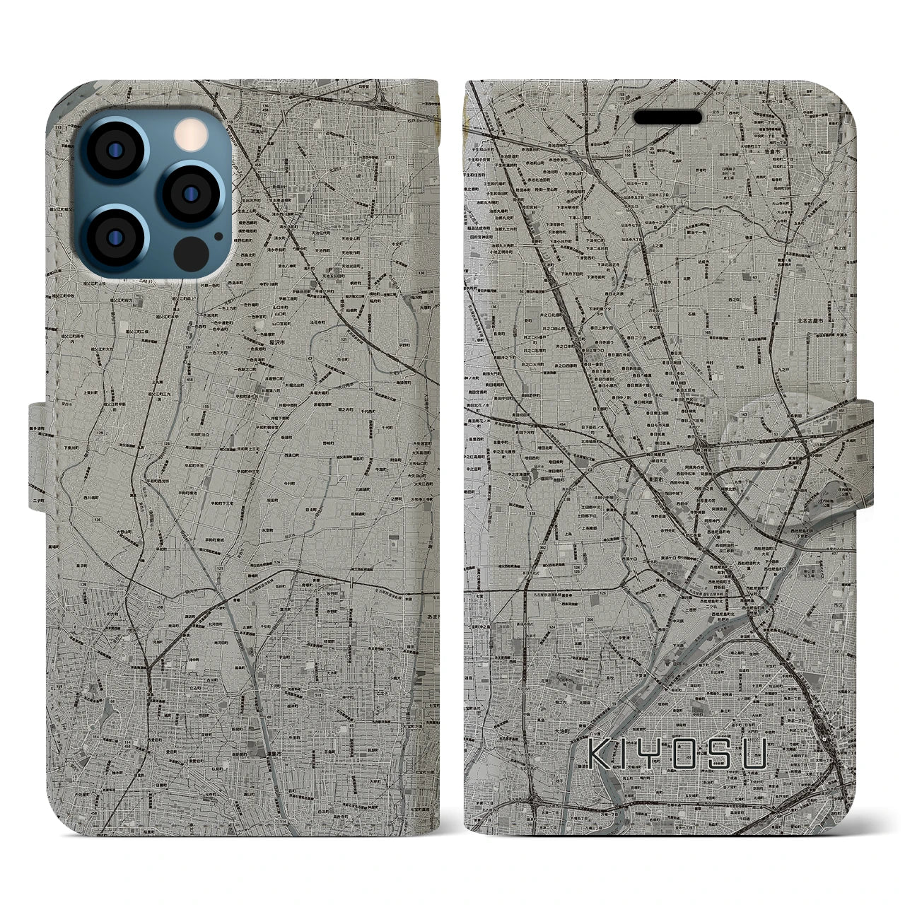 【清須(愛知県)】地図柄iPhoneケース(手帳タイプ)モノトーン・iPhone 12 / 12 Pro 用