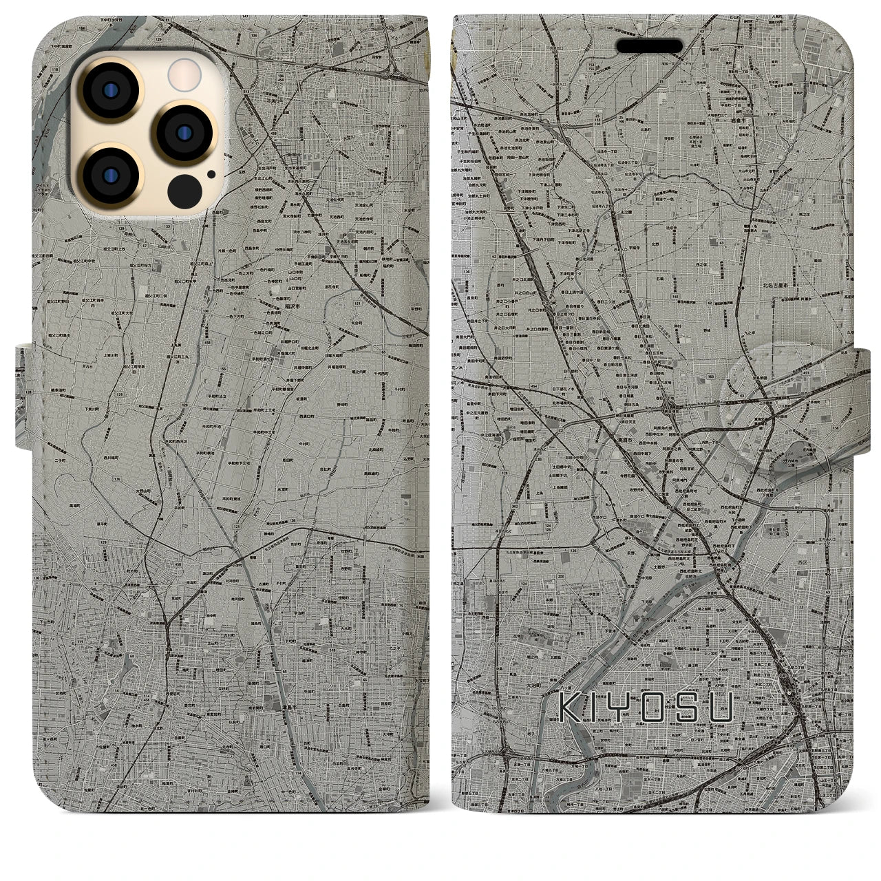 【清須(愛知県)】地図柄iPhoneケース(手帳タイプ)モノトーン・iPhone 12 Pro Max 用