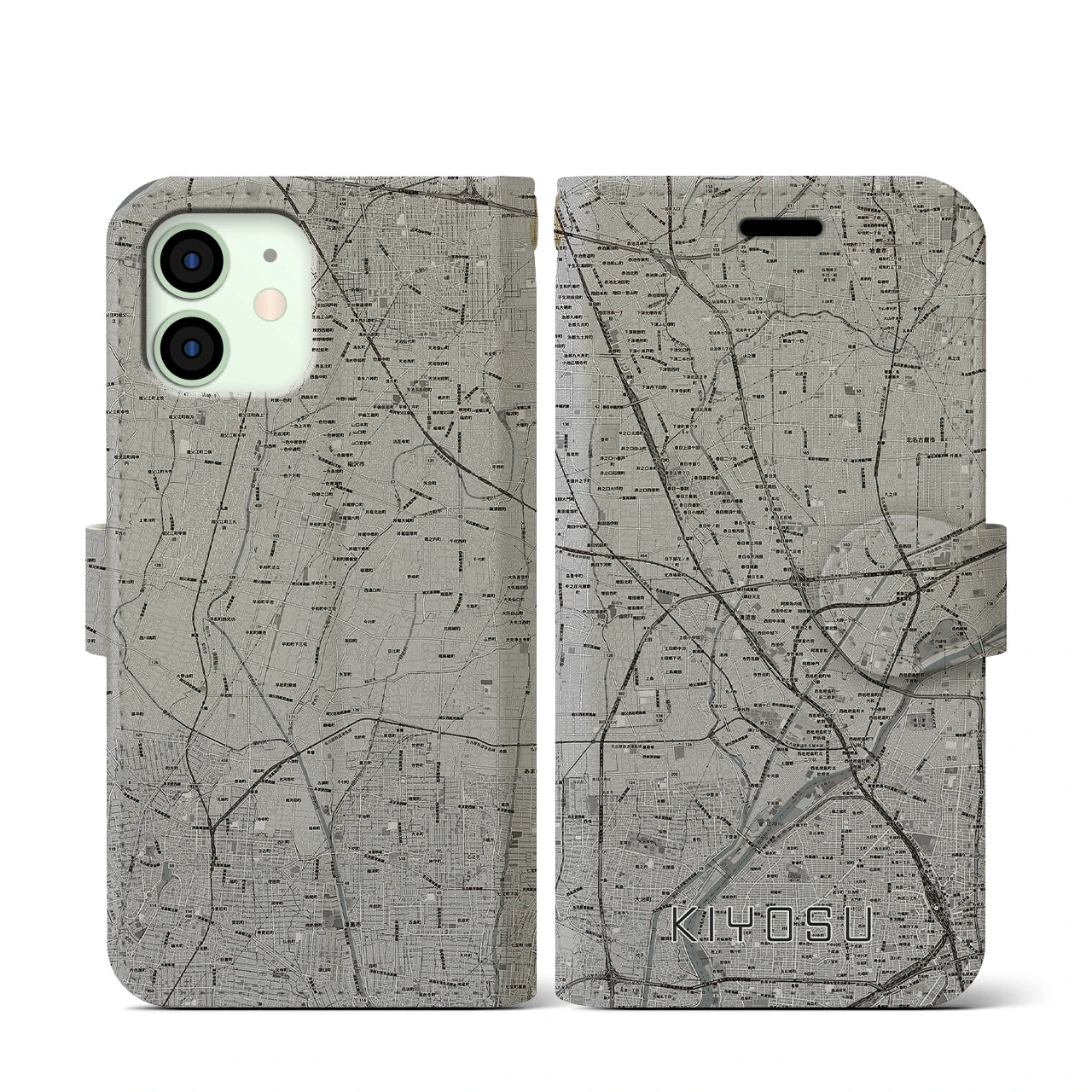 【清須(愛知県)】地図柄iPhoneケース(手帳タイプ)モノトーン・iPhone 12 mini 用