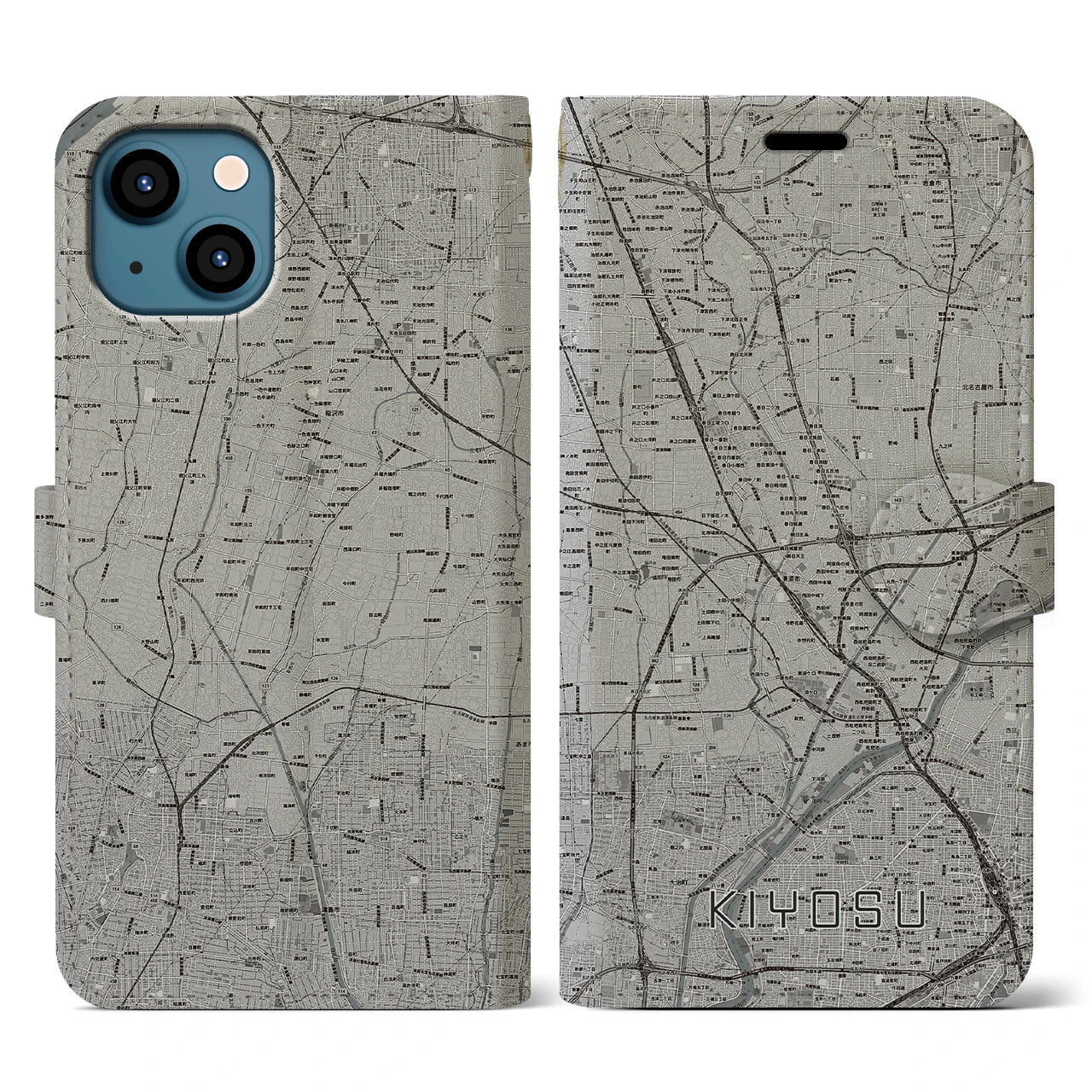 【清須(愛知県)】地図柄iPhoneケース(手帳タイプ)モノトーン・iPhone 13 用