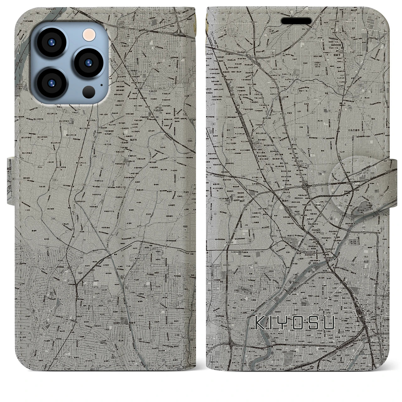【清須(愛知県)】地図柄iPhoneケース(手帳タイプ)モノトーン・iPhone 13 Pro Max 用