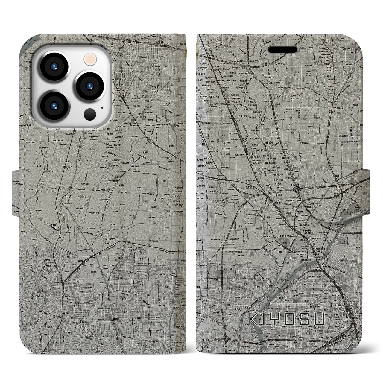 【清須(愛知県)】地図柄iPhoneケース(手帳タイプ)モノトーン・iPhone 13 Pro 用
