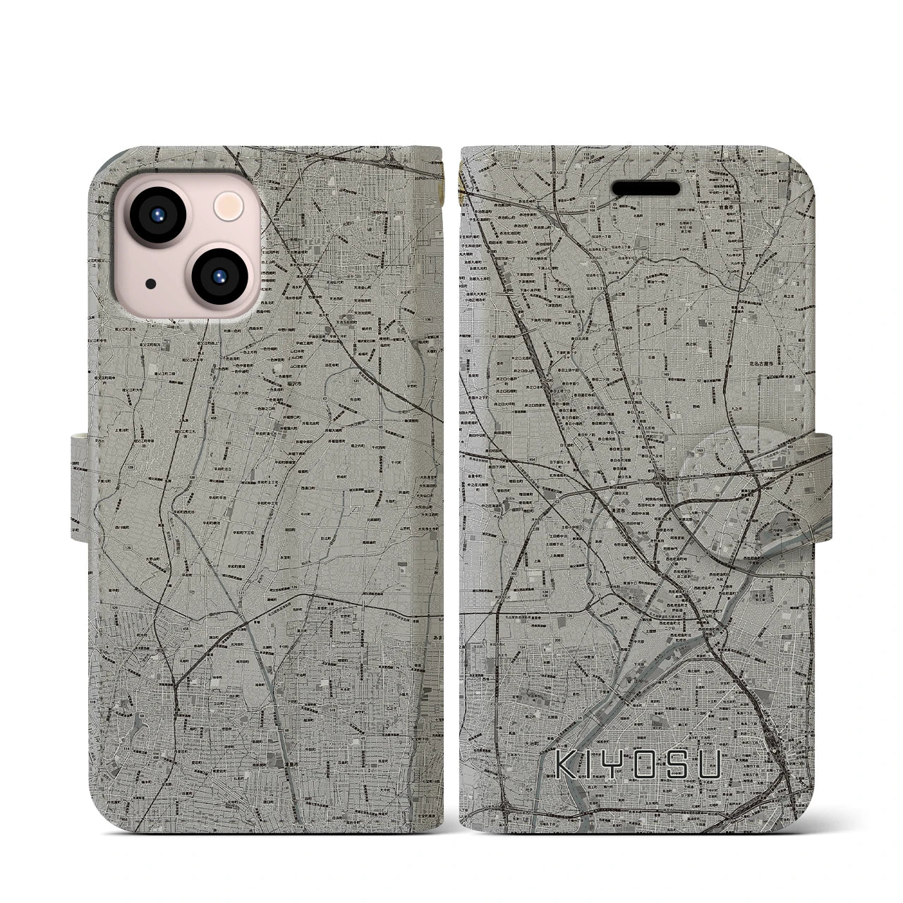 【清須(愛知県)】地図柄iPhoneケース(手帳タイプ)モノトーン・iPhone 13 mini 用