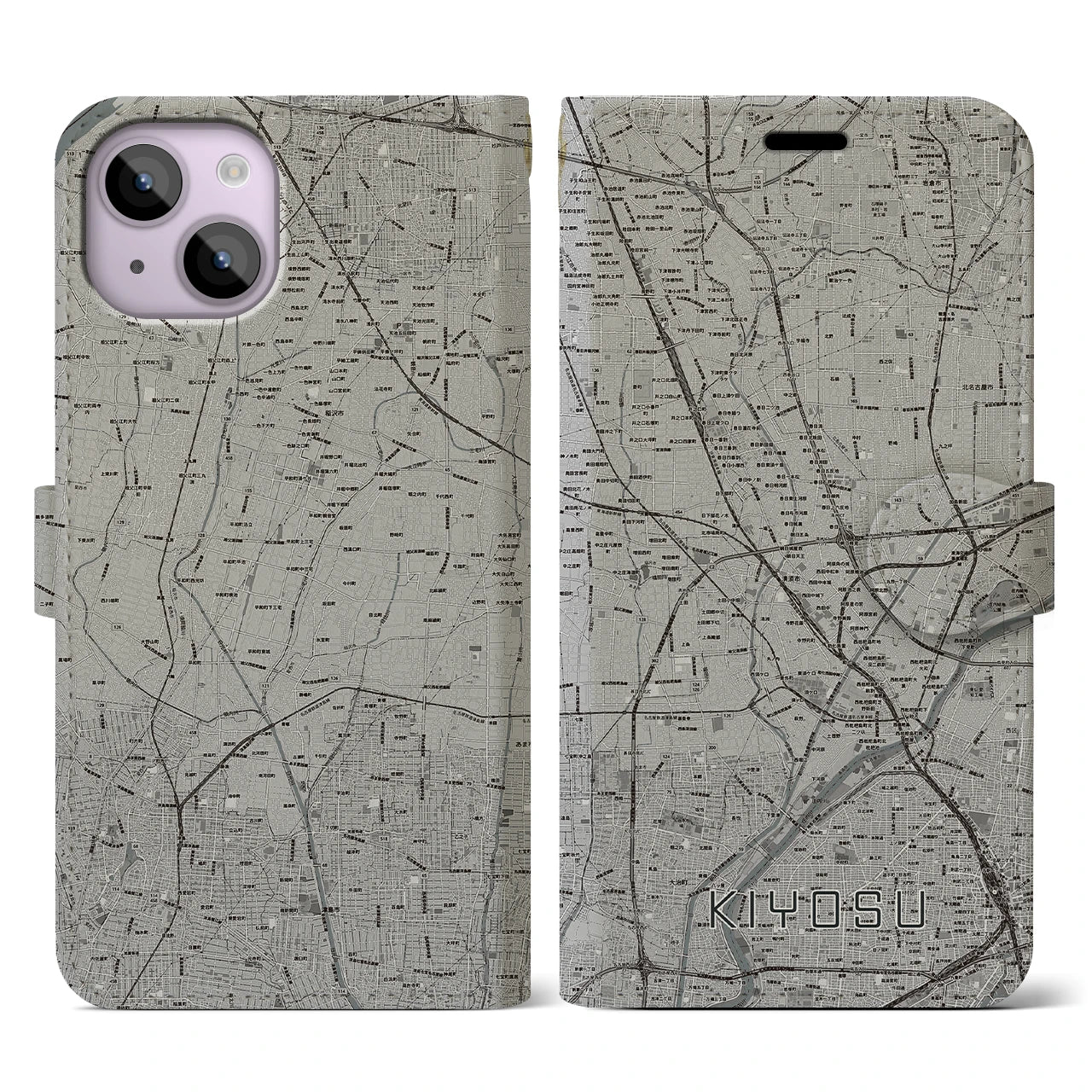 【清須(愛知県)】地図柄iPhoneケース(手帳タイプ)モノトーン・iPhone 14 用