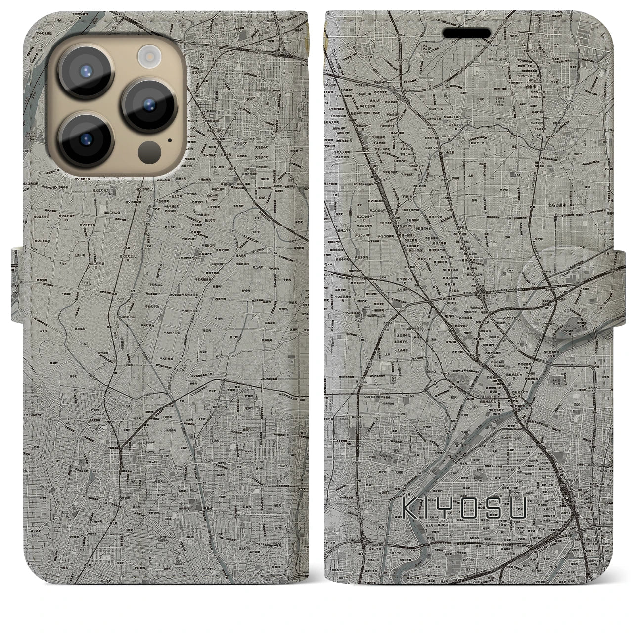 【清須(愛知県)】地図柄iPhoneケース(手帳タイプ)モノトーン・iPhone 14 Pro Max 用