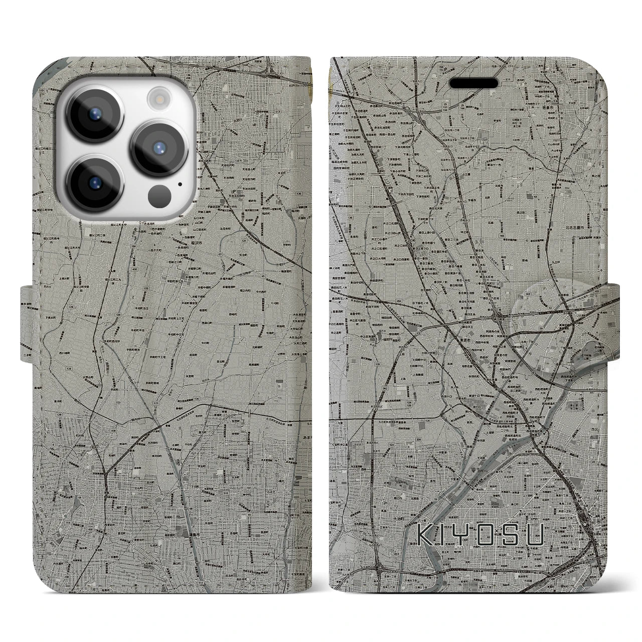 【清須(愛知県)】地図柄iPhoneケース(手帳タイプ)モノトーン・iPhone 14 Pro 用