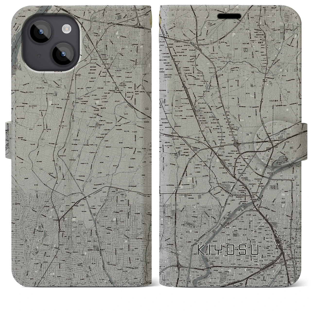 【清須(愛知県)】地図柄iPhoneケース(手帳タイプ)モノトーン・iPhone 14 Plus 用