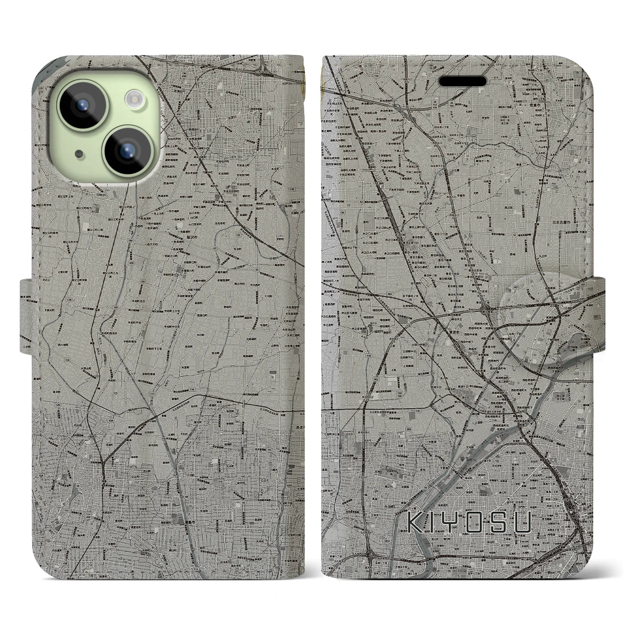 【清須(愛知県)】地図柄iPhoneケース(手帳タイプ)モノトーン・iPhone 15 用