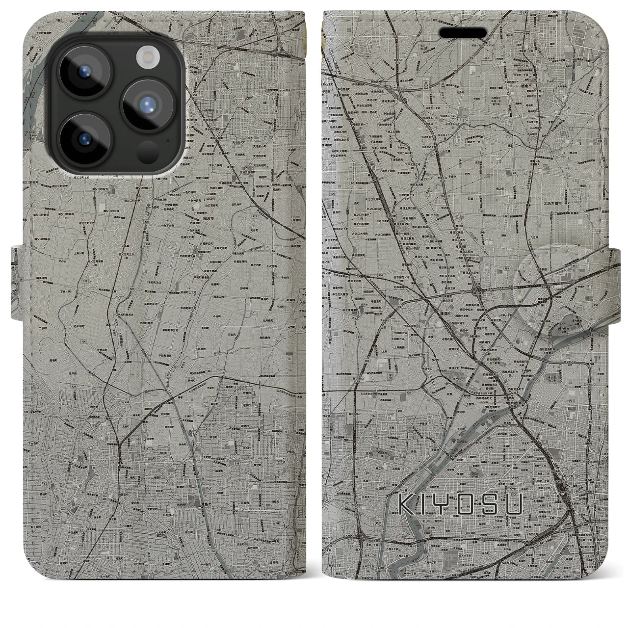 【清須(愛知県)】地図柄iPhoneケース(手帳タイプ)モノトーン・iPhone 15 Pro Max 用