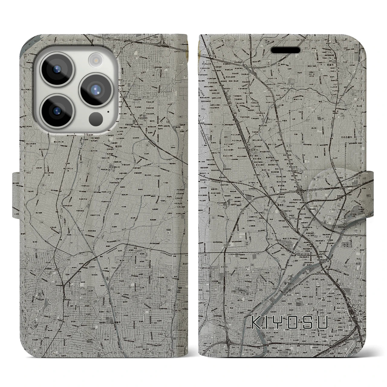 【清須(愛知県)】地図柄iPhoneケース(手帳タイプ)モノトーン・iPhone 15 Pro 用