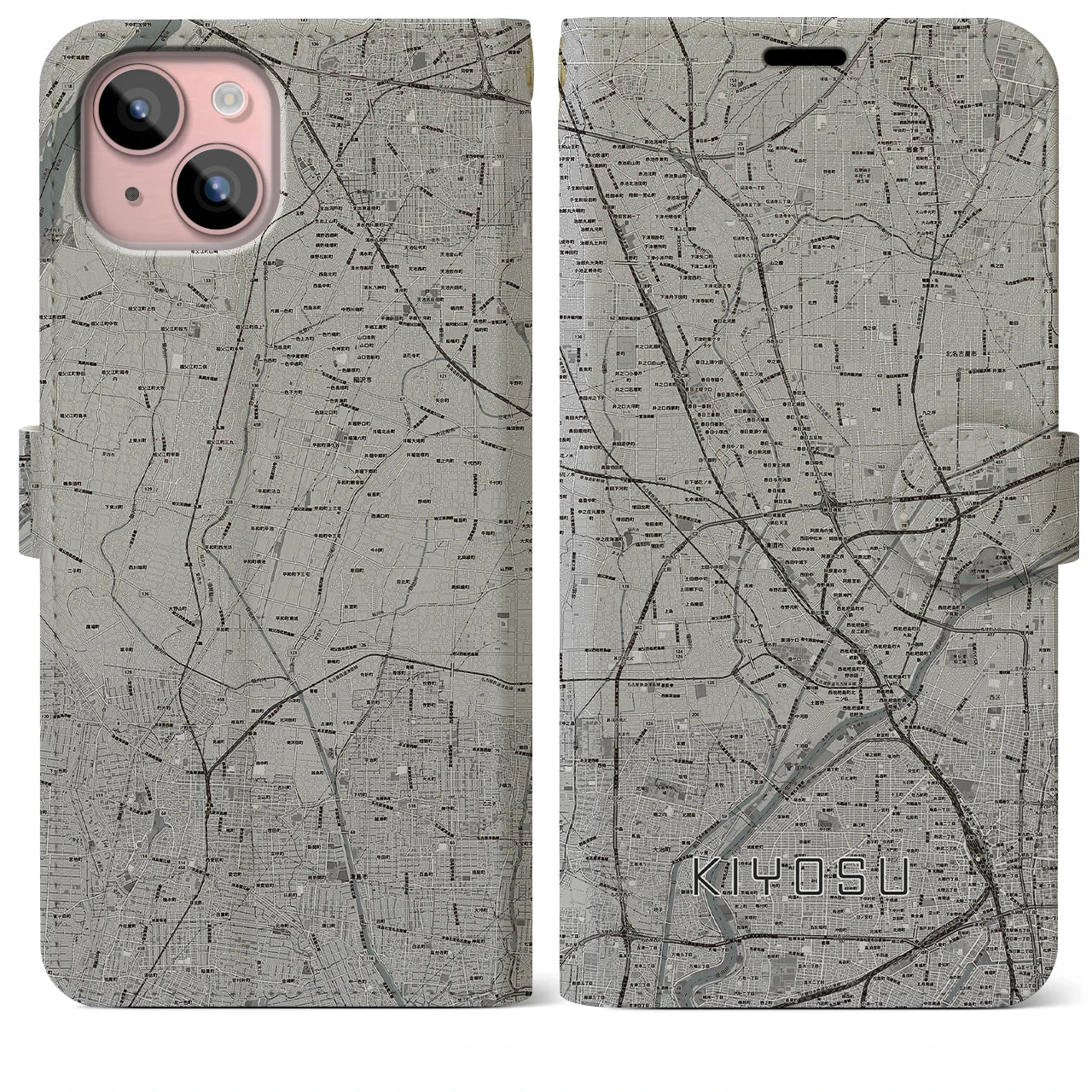 【清須(愛知県)】地図柄iPhoneケース(手帳タイプ)モノトーン・iPhone 15 Plus 用