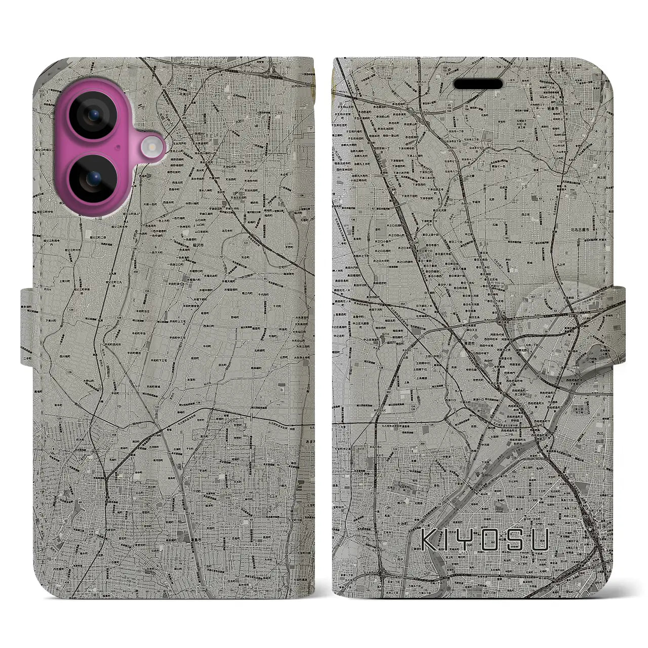 【清須(愛知県)】地図柄iPhoneケース(手帳タイプ)モノトーン・iPhone 16 Pro 用