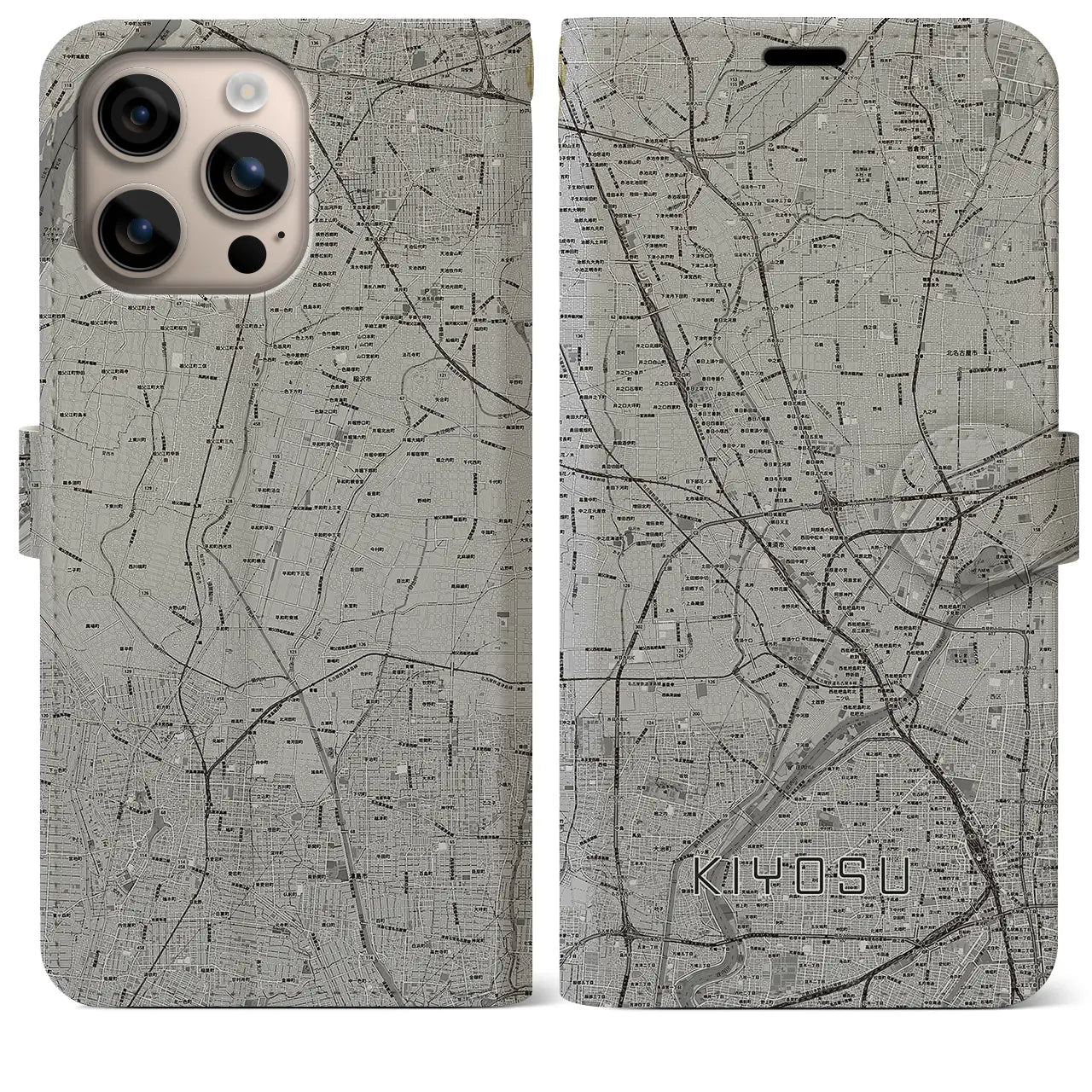 【清須(愛知県)】地図柄iPhoneケース(手帳タイプ)モノトーン・iPhone 16 Plus 用