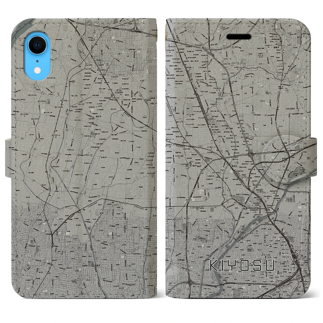 【清須(愛知県)】地図柄iPhoneケース(手帳タイプ)モノトーン・iPhone XR 用