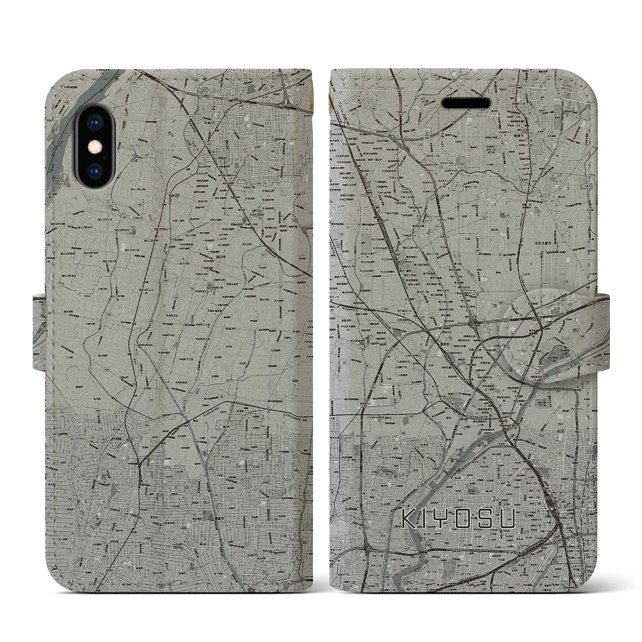 【清須(愛知県)】地図柄iPhoneケース(手帳タイプ)モノトーン・iPhone XS / X 用