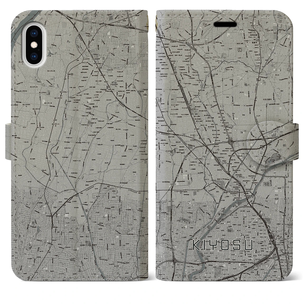 【清須(愛知県)】地図柄iPhoneケース(手帳タイプ)モノトーン・iPhone XS Max 用
