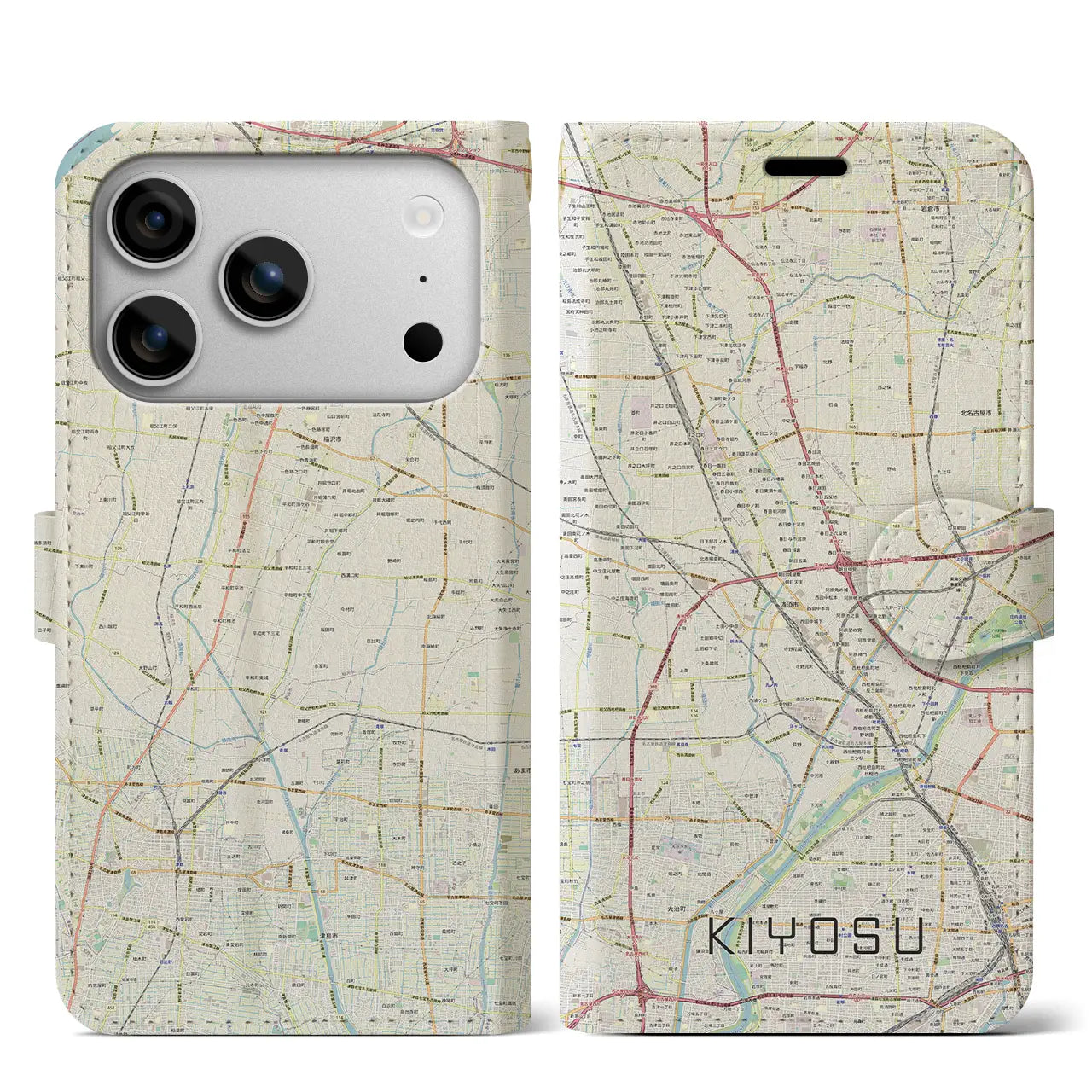 【清須(愛知県)】地図柄iPhoneケース(手帳タイプ)モノトーン・iPhone 17 Pro Max 用