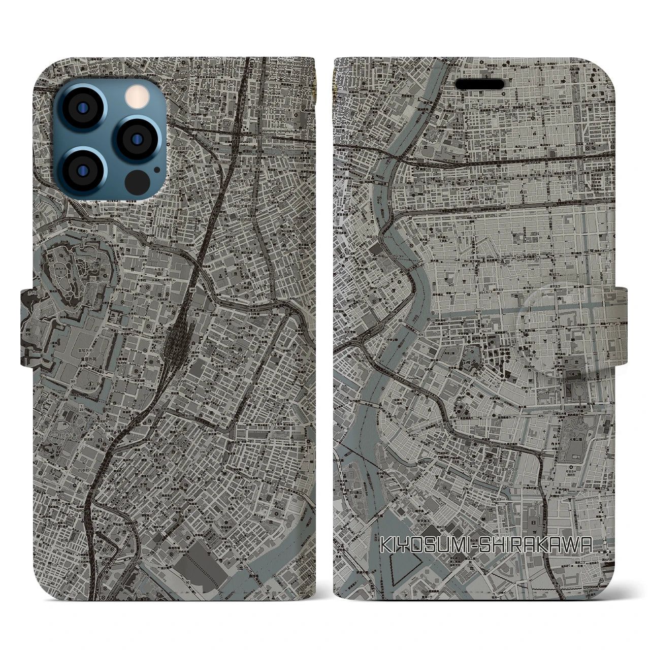 【清澄白河(東京都)】地図柄iPhoneケース(手帳タイプ)モノトーン・iPhone 12 / 12 Pro 用