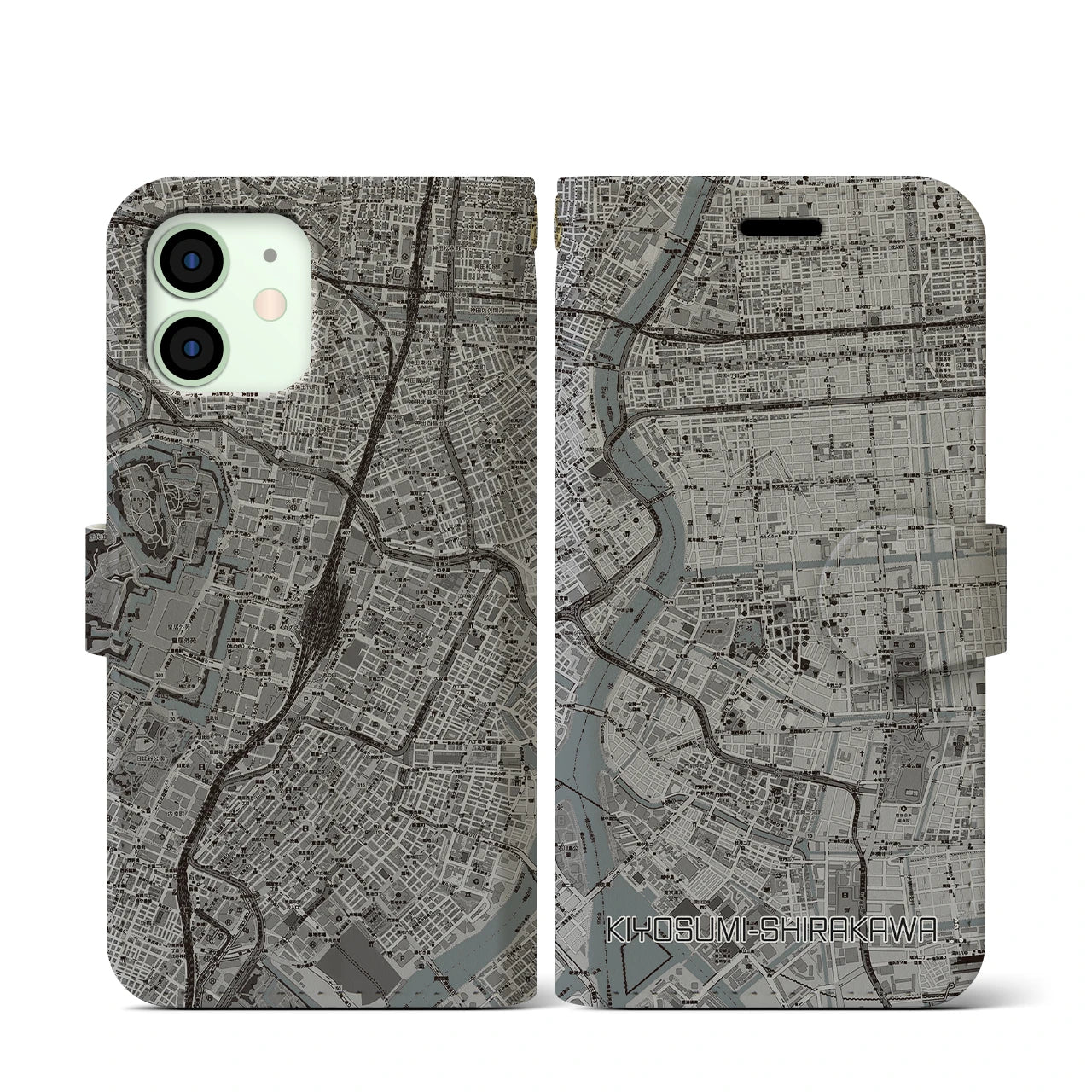 【清澄白河(東京都)】地図柄iPhoneケース(手帳タイプ)モノトーン・iPhone 12 mini 用