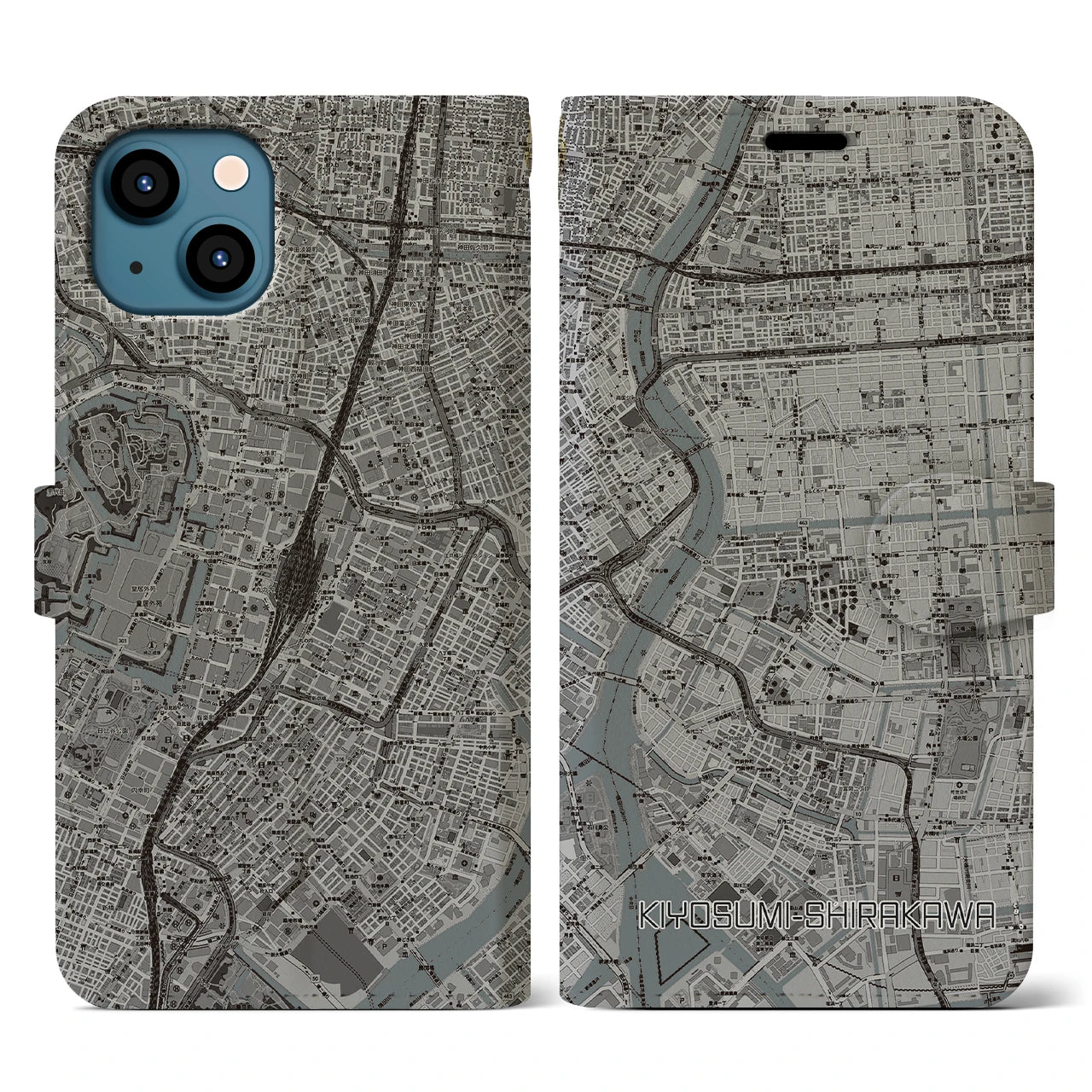 【清澄白河(東京都)】地図柄iPhoneケース(手帳タイプ)モノトーン・iPhone 13 用