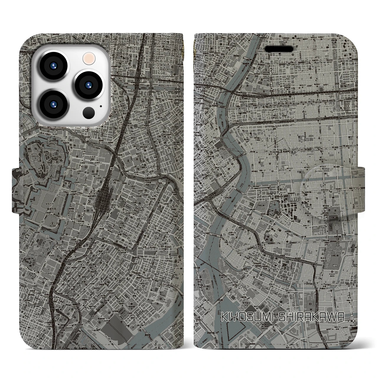 【清澄白河(東京都)】地図柄iPhoneケース(手帳タイプ)モノトーン・iPhone 13 Pro 用