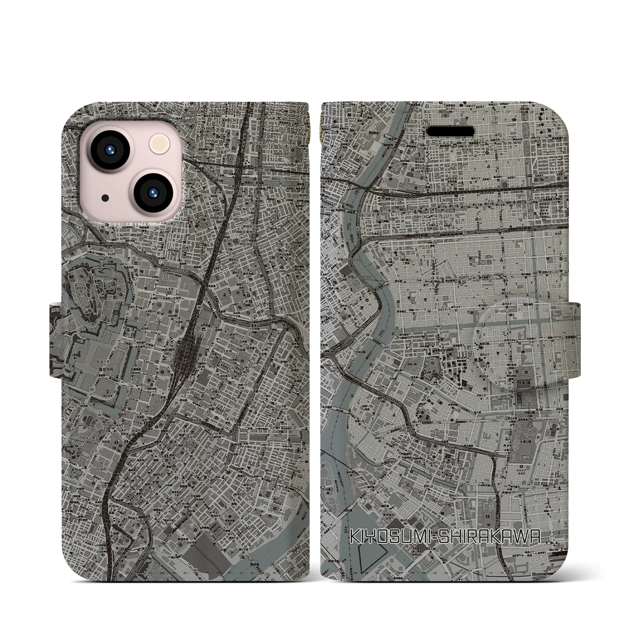 【清澄白河(東京都)】地図柄iPhoneケース(手帳タイプ)モノトーン・iPhone 13 mini 用