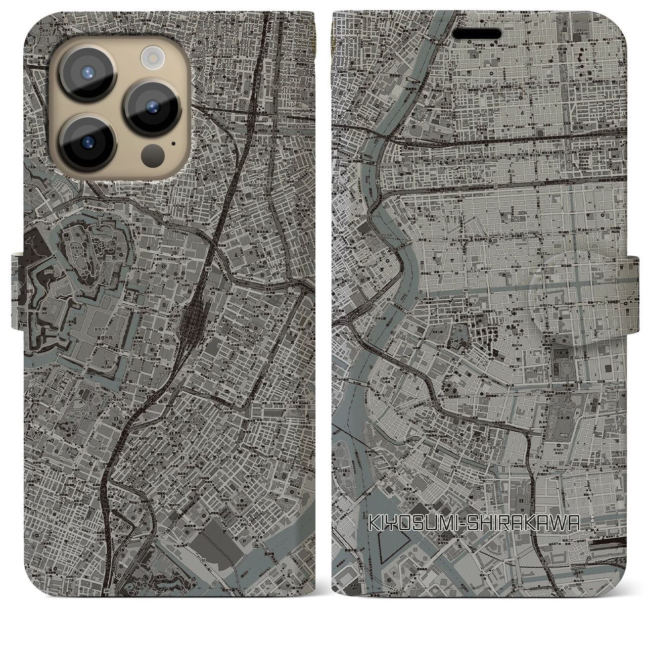 【清澄白河(東京都)】地図柄iPhoneケース(手帳タイプ)モノトーン・iPhone 14 Pro Max 用