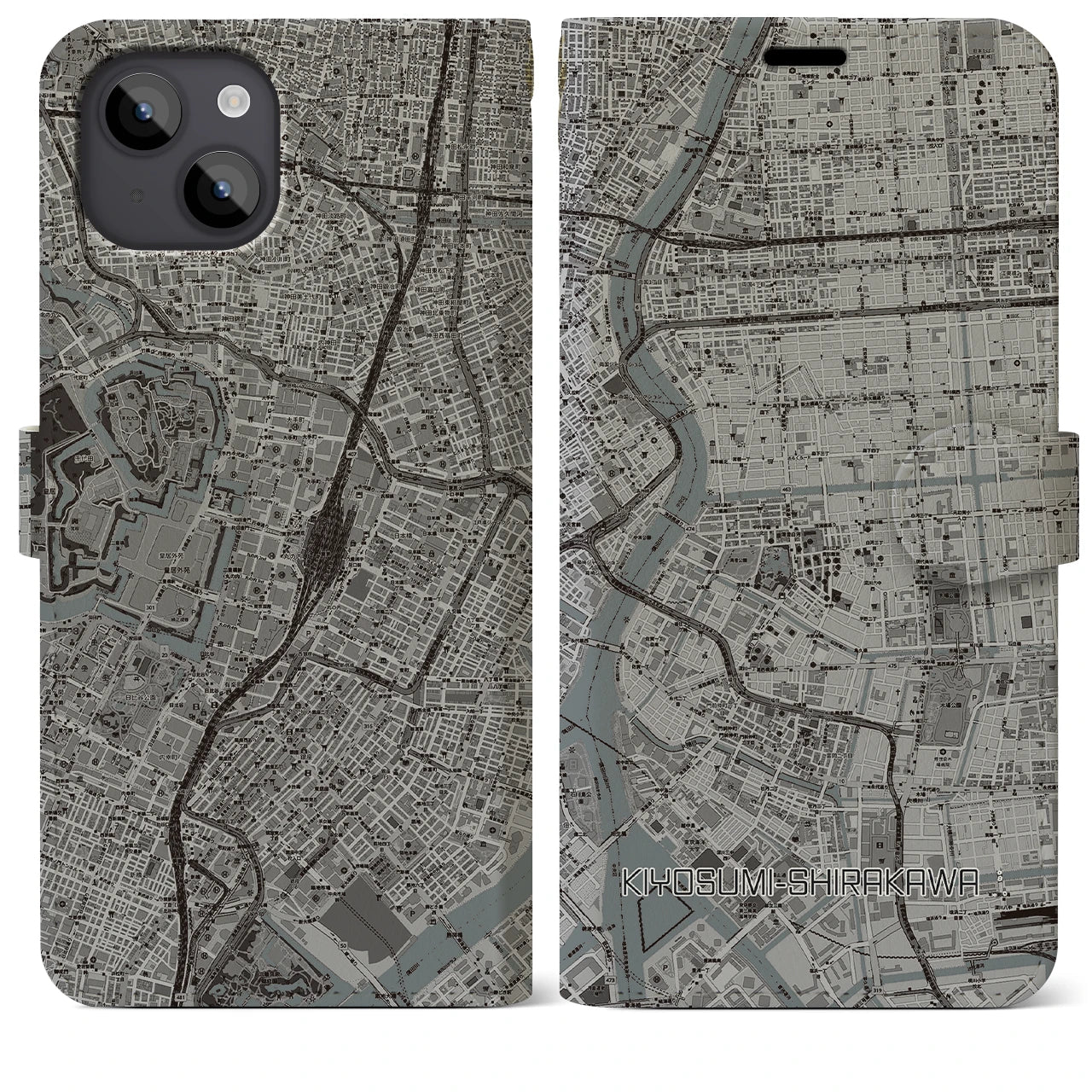 【清澄白河(東京都)】地図柄iPhoneケース(手帳タイプ)モノトーン・iPhone 14 Plus 用
