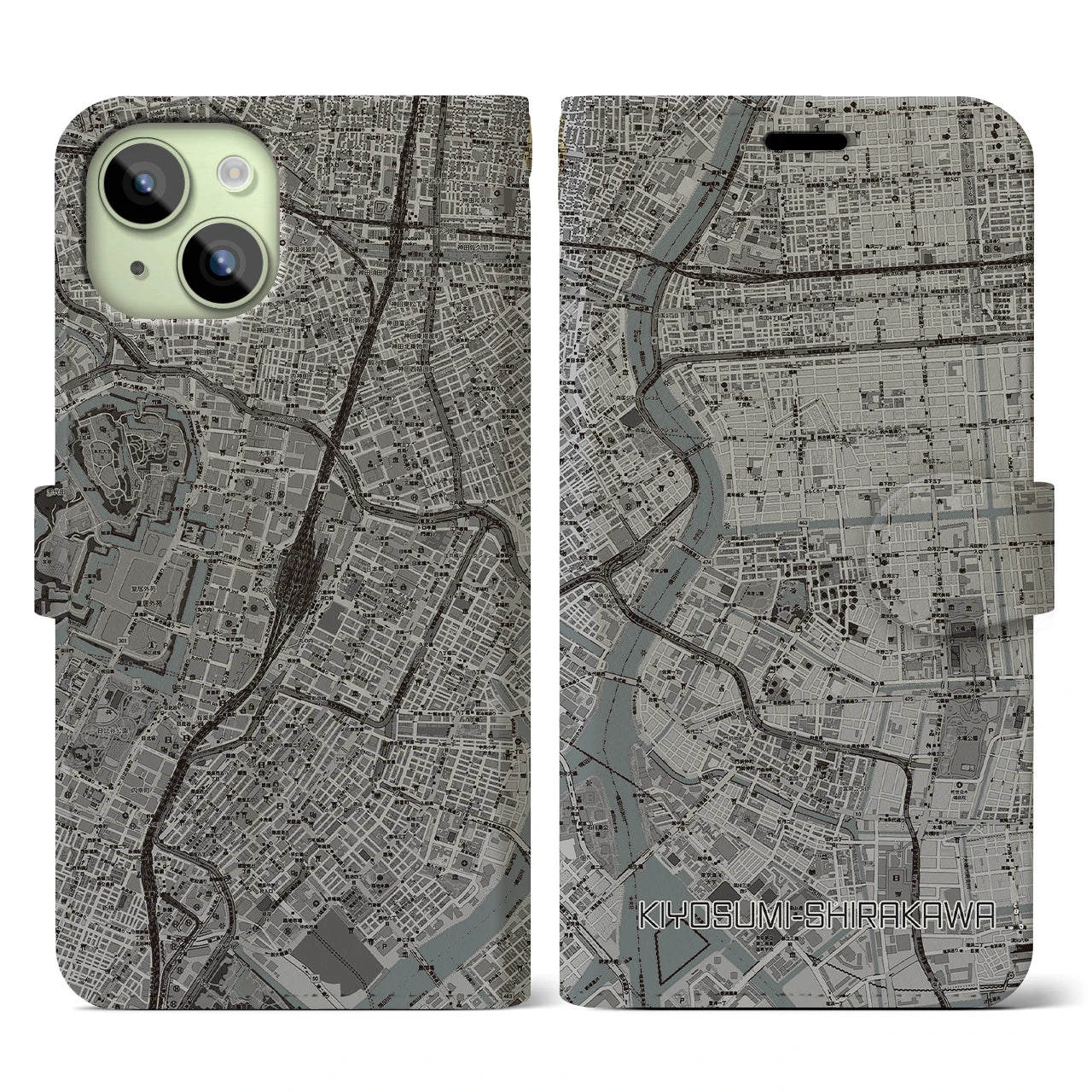 【清澄白河(東京都)】地図柄iPhoneケース(手帳タイプ)モノトーン・iPhone 15 用