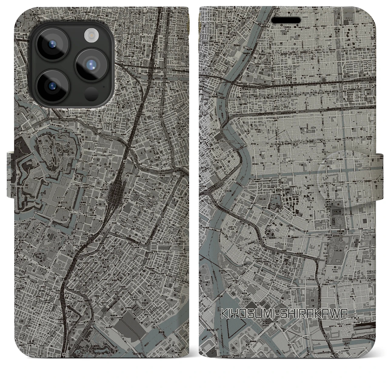 【清澄白河(東京都)】地図柄iPhoneケース(手帳タイプ)モノトーン・iPhone 15 Pro Max 用