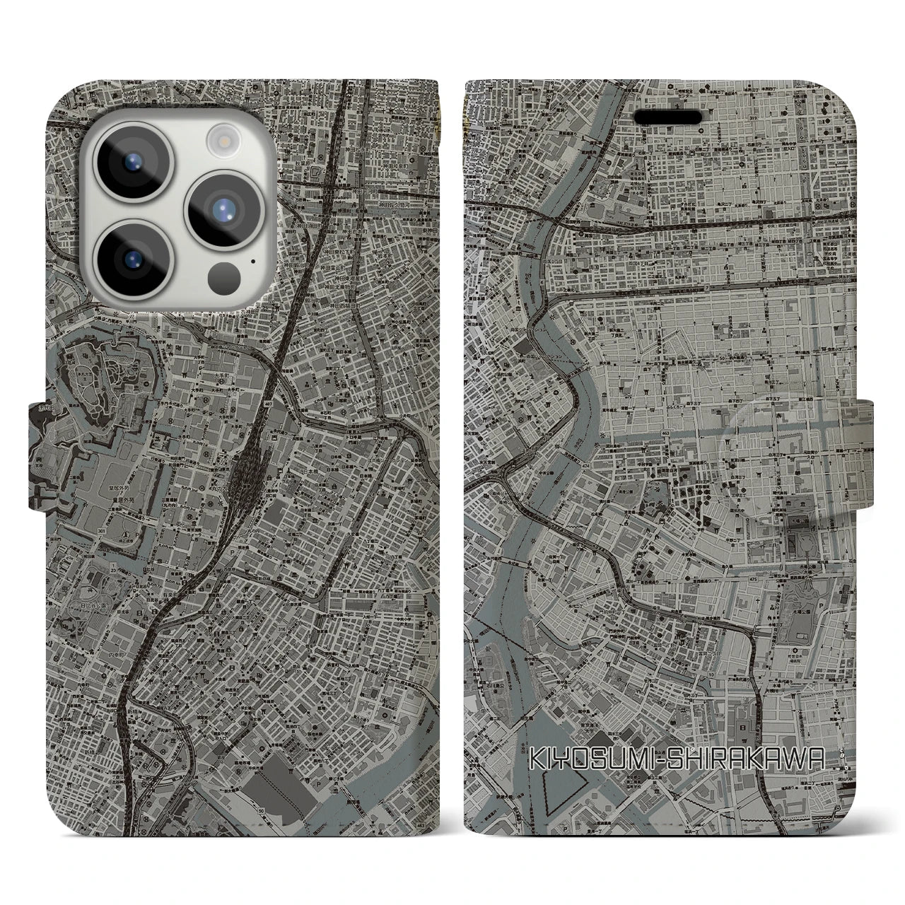 【清澄白河(東京都)】地図柄iPhoneケース(手帳タイプ)モノトーン・iPhone 15 Pro 用