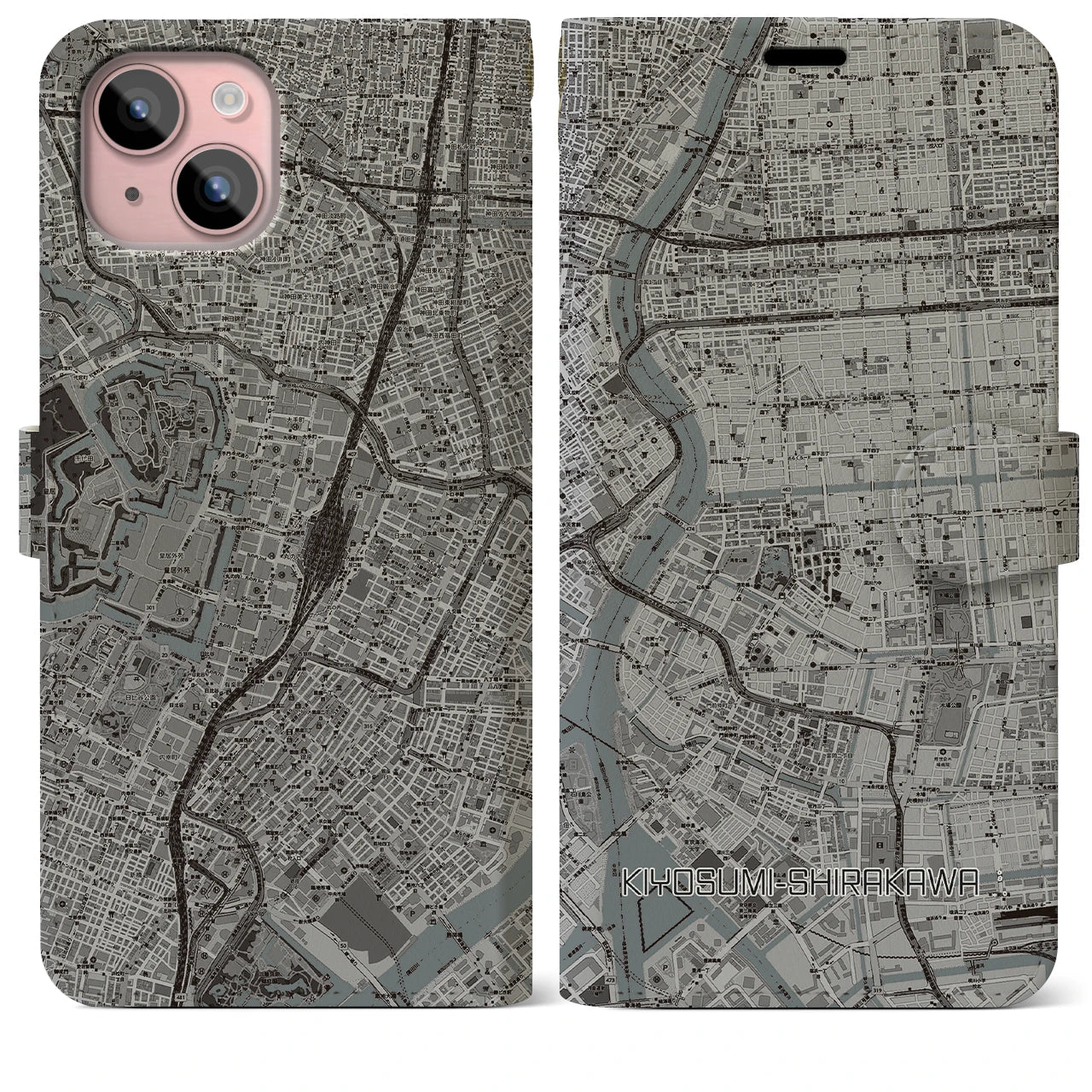 【清澄白河(東京都)】地図柄iPhoneケース(手帳タイプ)モノトーン・iPhone 15 Plus 用