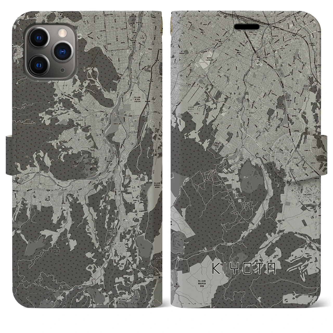 【清田(北海道)】地図柄iPhoneケース(手帳タイプ)モノトーン・iPhone 11 Pro Max 用