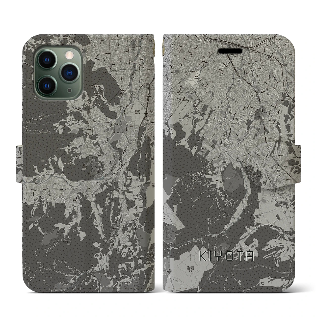 【清田(北海道)】地図柄iPhoneケース(手帳タイプ)モノトーン・iPhone 11 Pro 用