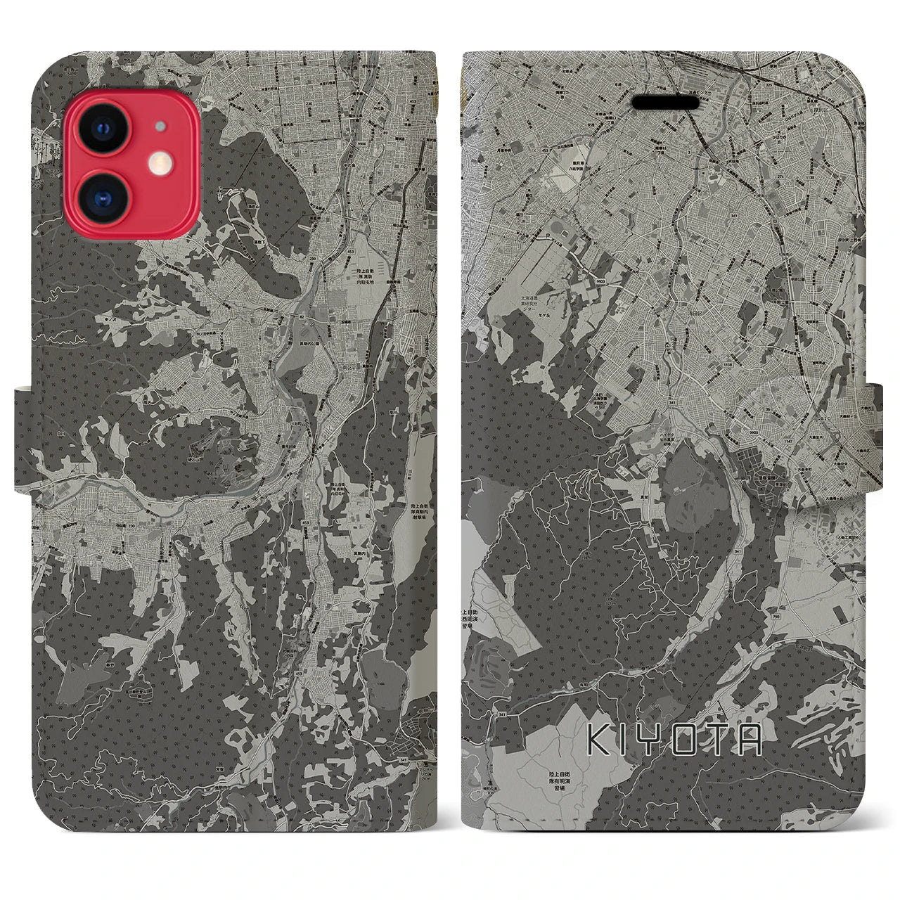 【清田(北海道)】地図柄iPhoneケース(手帳タイプ)モノトーン・iPhone 11 用