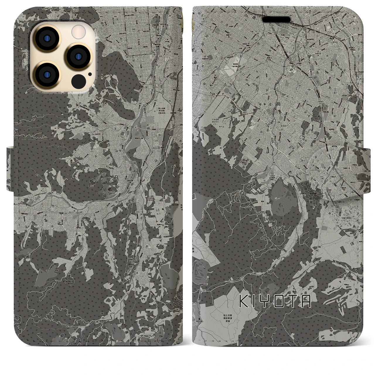 【清田(北海道)】地図柄iPhoneケース(手帳タイプ)モノトーン・iPhone 12 Pro Max 用