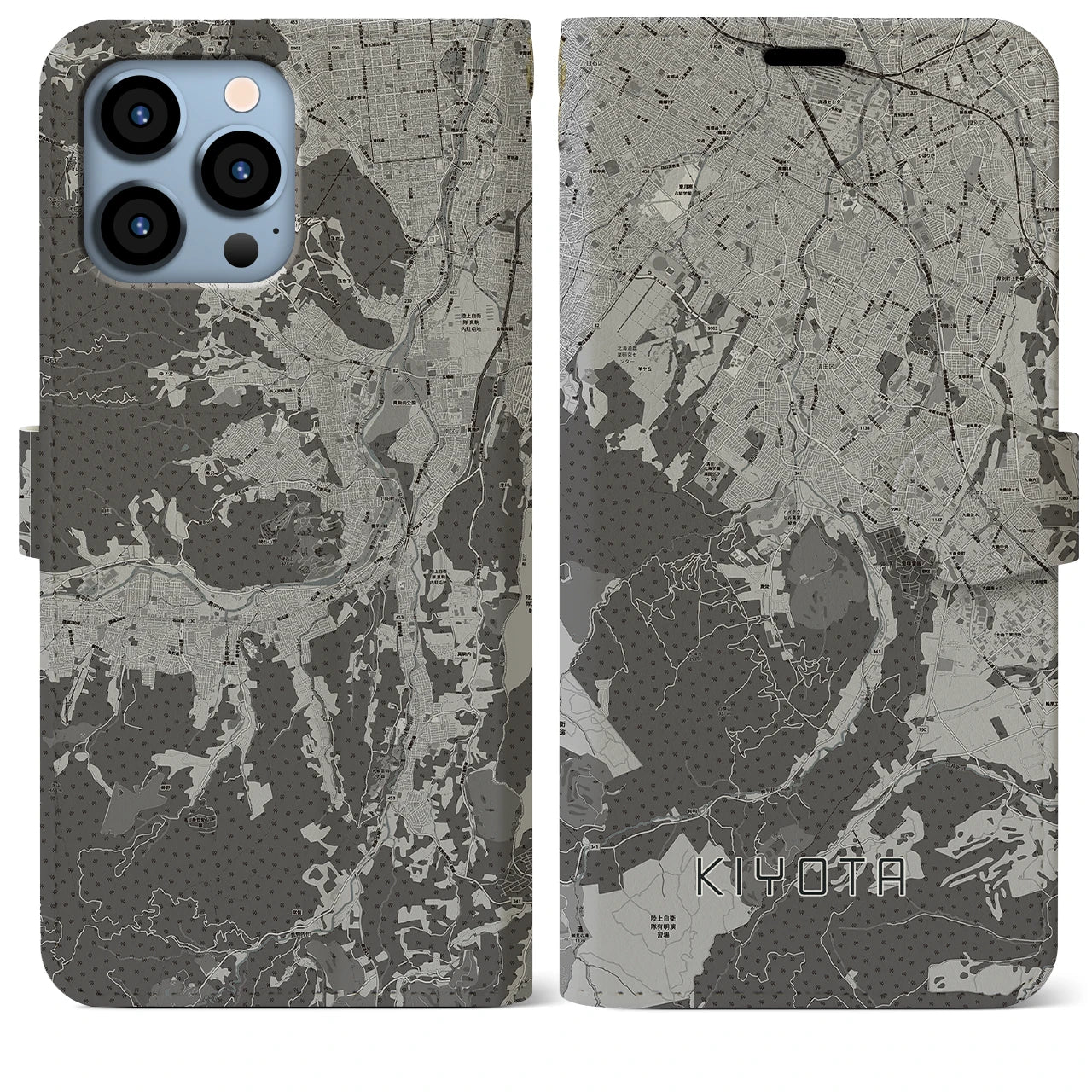 【清田(北海道)】地図柄iPhoneケース(手帳タイプ)モノトーン・iPhone 13 Pro Max 用