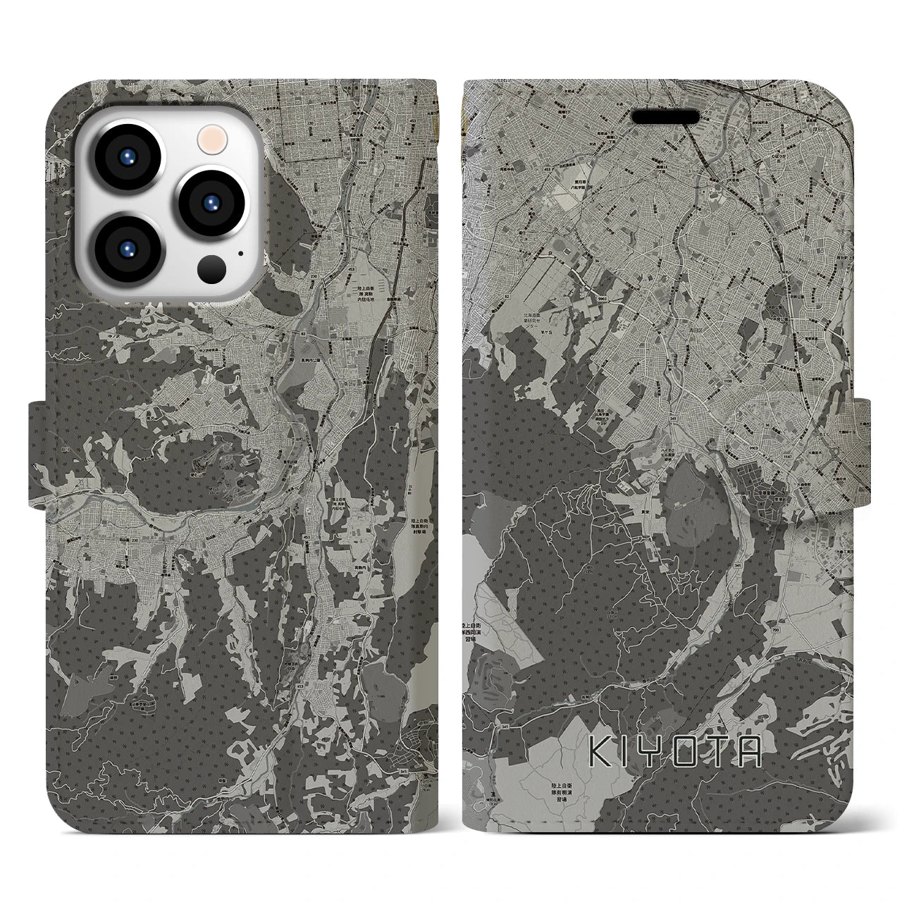 【清田(北海道)】地図柄iPhoneケース(手帳タイプ)モノトーン・iPhone 13 Pro 用