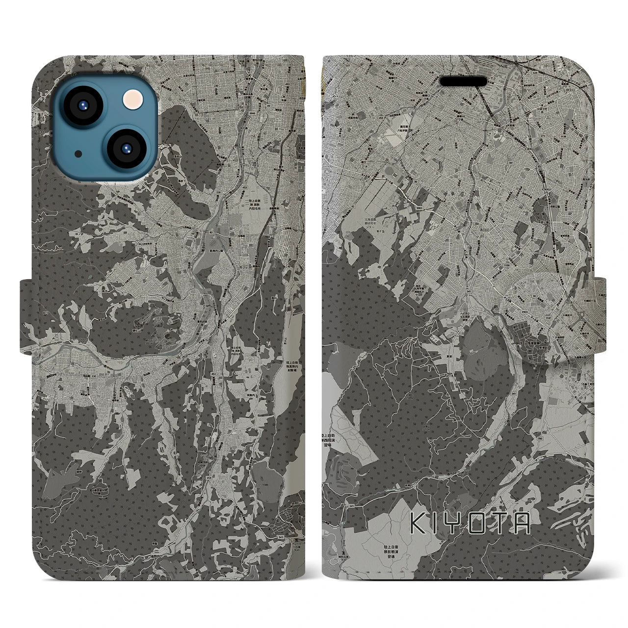 【清田(北海道)】地図柄iPhoneケース(手帳タイプ)モノトーン・iPhone 13 用