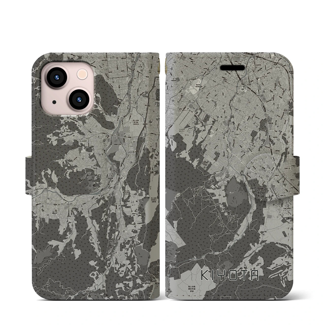 【清田(北海道)】地図柄iPhoneケース(手帳タイプ)モノトーン・iPhone 13 mini 用