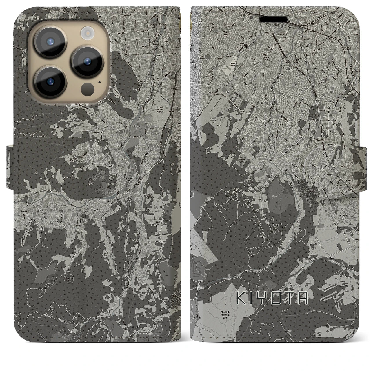【清田(北海道)】地図柄iPhoneケース(手帳タイプ)モノトーン・iPhone 14 Pro Max 用