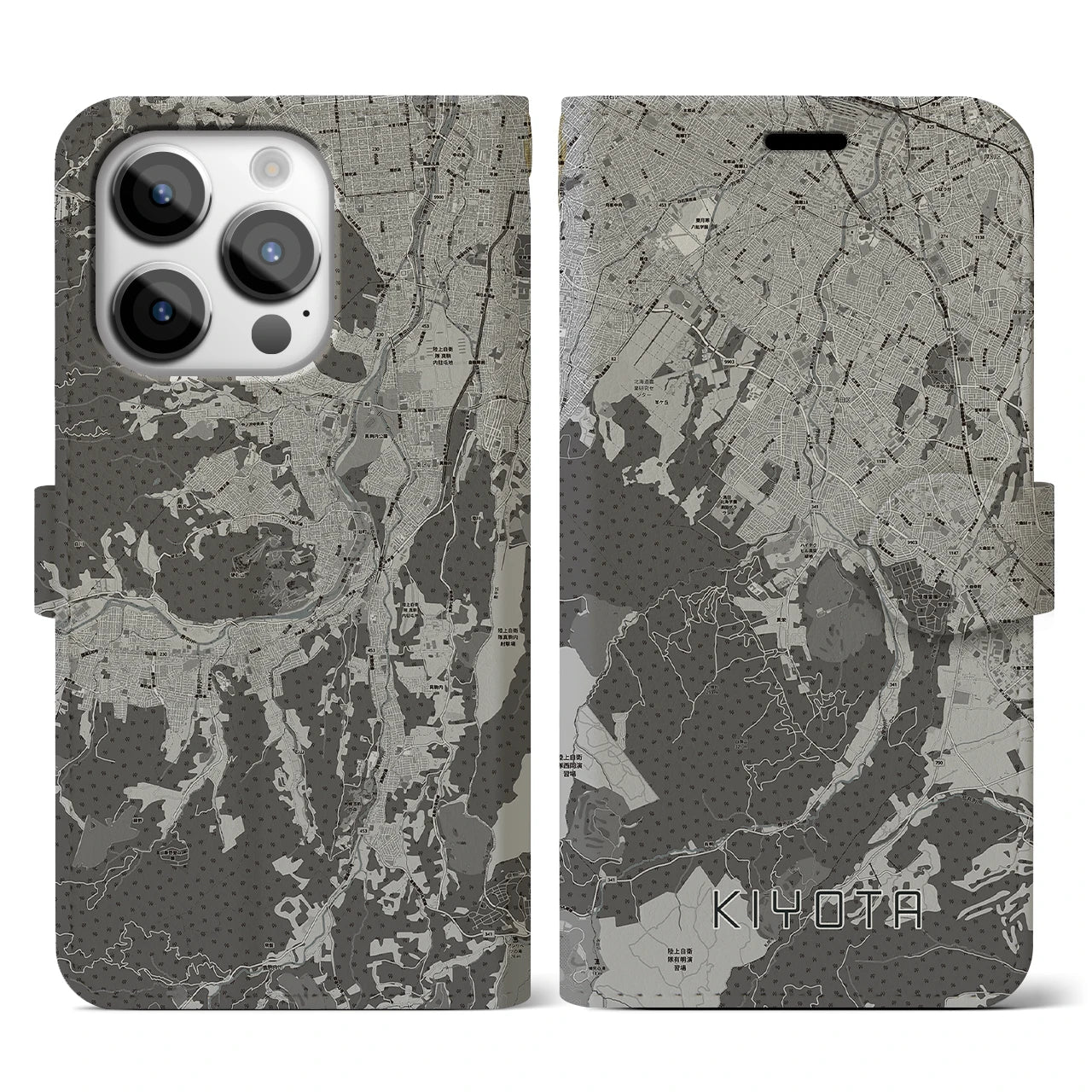 【清田(北海道)】地図柄iPhoneケース(手帳タイプ)モノトーン・iPhone 14 Pro 用